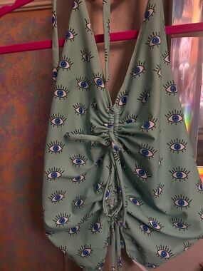 KIKITHEBRAND custom limited evil eye mint and blue top . Halter/tietop